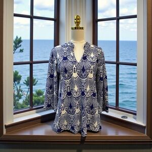 Gingy’s Abstract Stretchy V-Neck Structured Tunic Blue/White Sz M Made‎ In USA